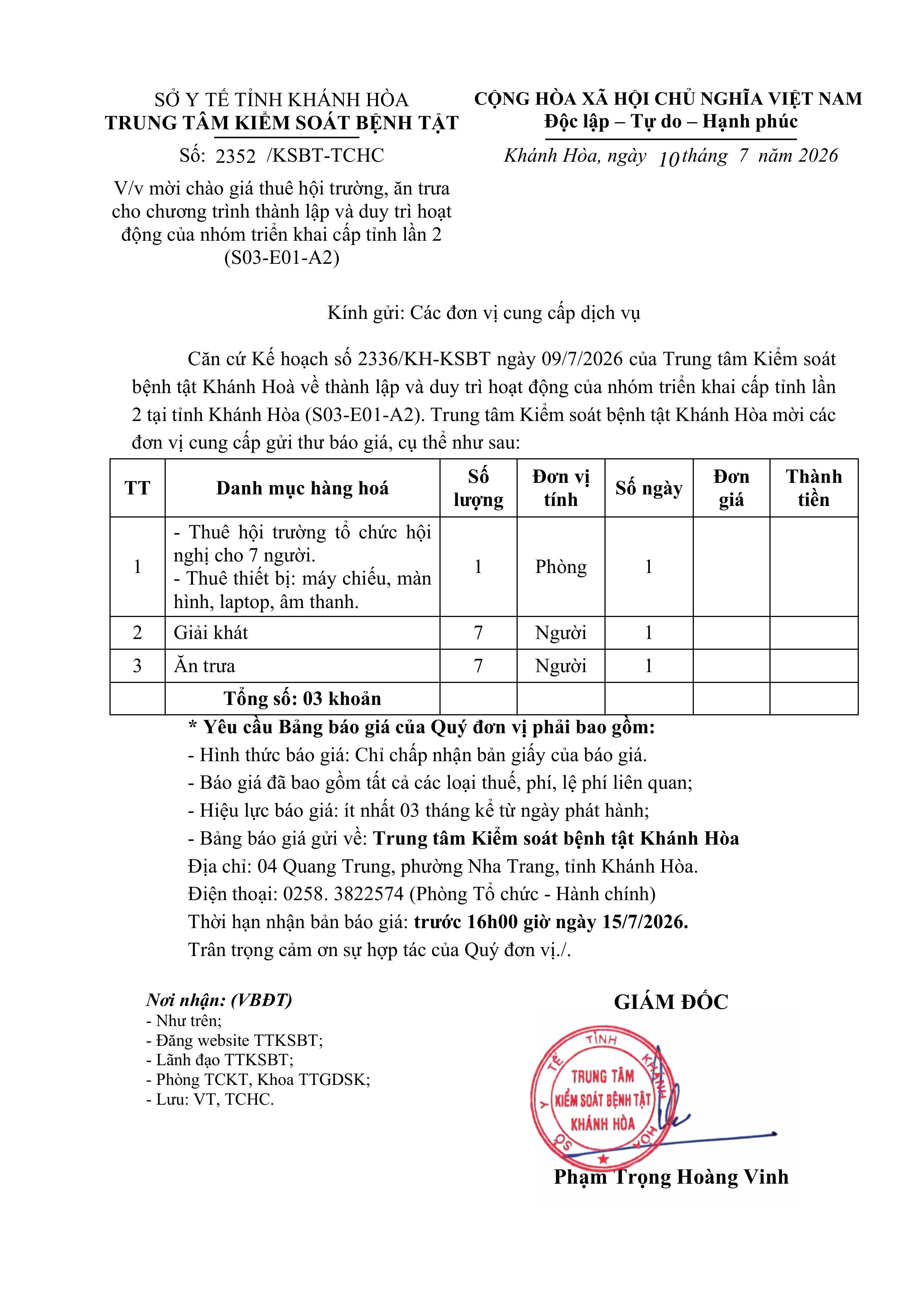 V/v mời chào giá thuê hội trường, ăn trưa cho chương trình thành lập và duy trì hoạt động của nhóm triển khai cấp tỉnh lần 2